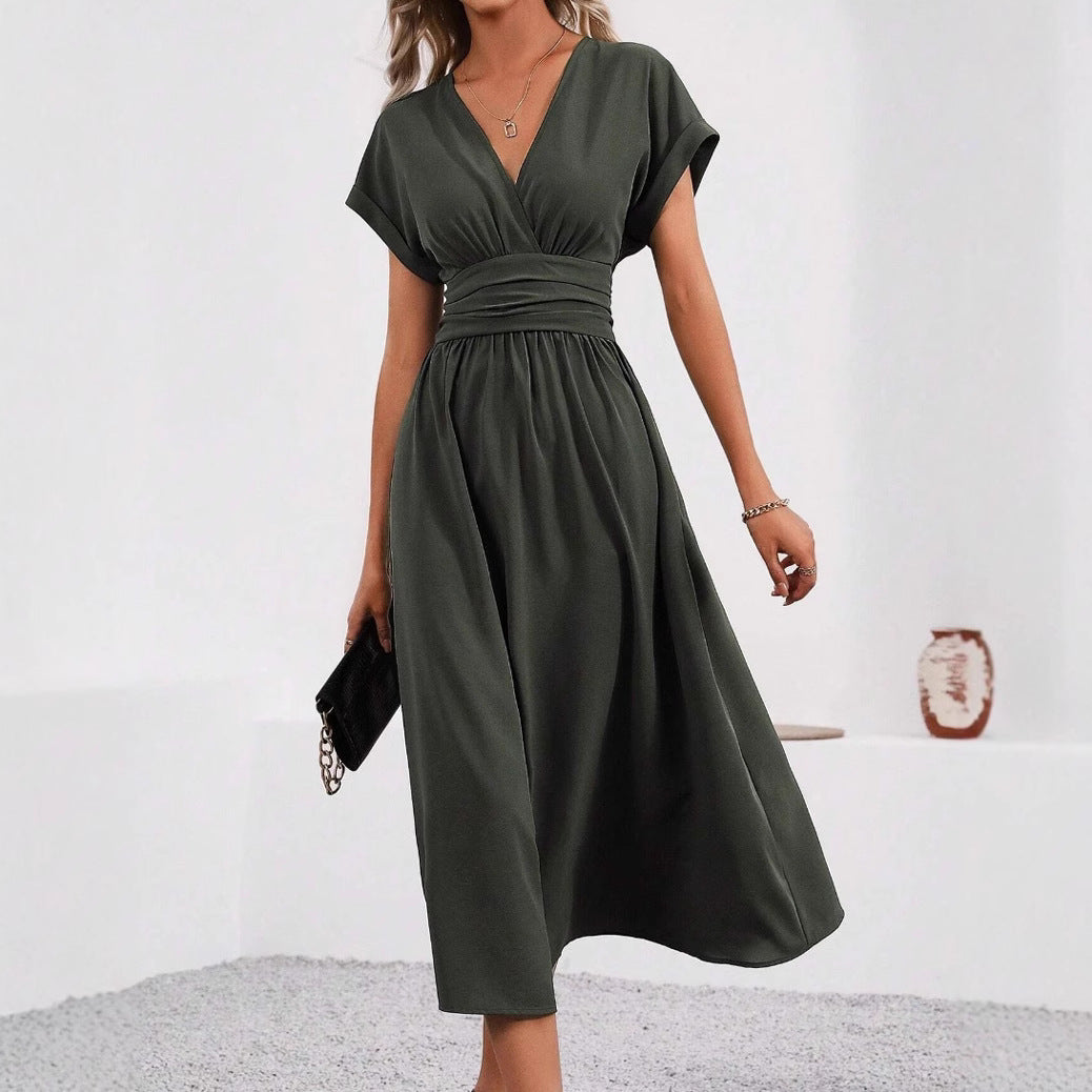 Overlapping V-neck Batwing Sleeve Waist Pleated Elegant Dress