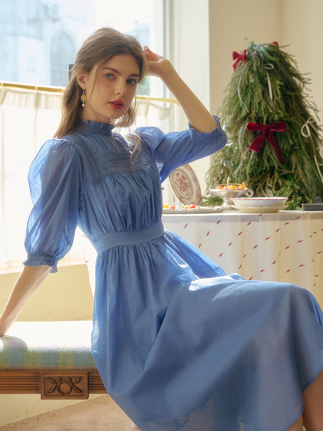 Averie Lace Panel Blue Dress Davin Luxe