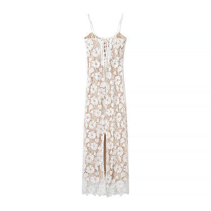 Women's Lace Strap Midi Dress with Side Slit