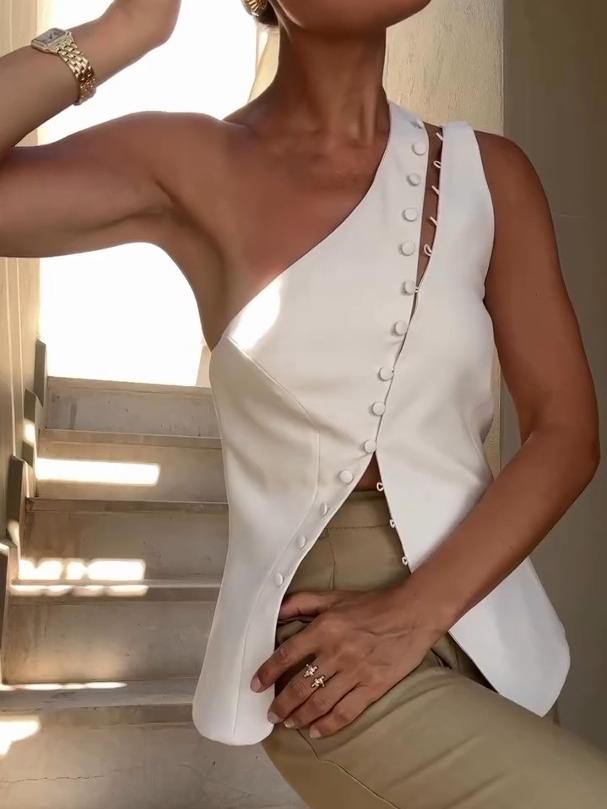 Dione™ One-Shoulder Button Detail Top My Store