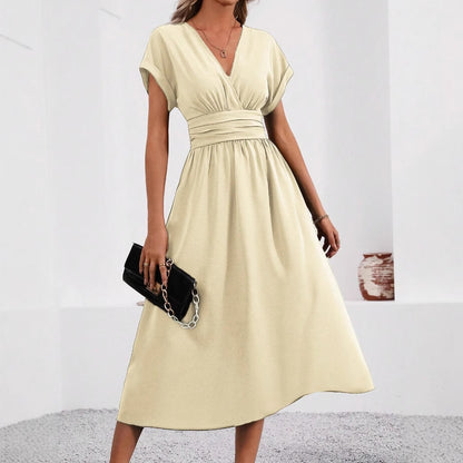 Overlapping V-neck Batwing Sleeve Waist Pleated Elegant Dress
