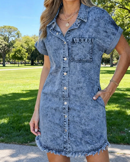 Frayed Hem Denim Shirt Dress