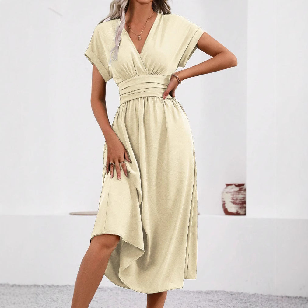 Overlapping V-neck Batwing Sleeve Waist Pleated Elegant Dress