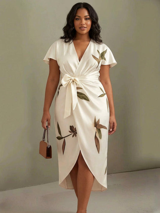 Judy | White Leaf Short Sleeve Satin Midi Dress