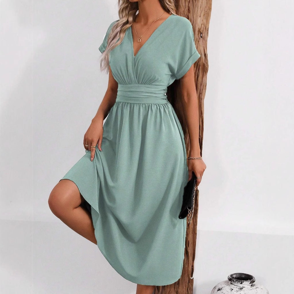 Overlapping V-neck Batwing Sleeve Waist Pleated Elegant Dress