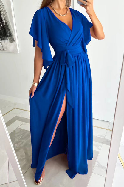 Solid Color Bell Sleeve Loose V-neck Mop Dress