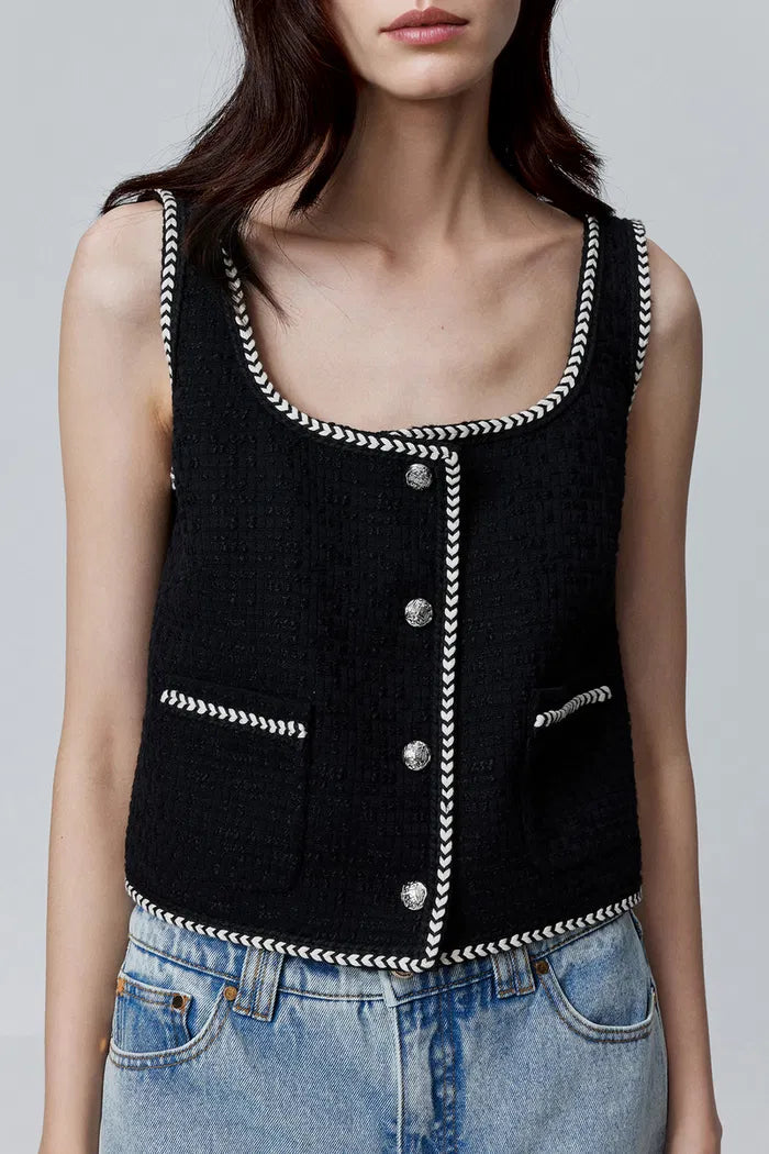 Hailey Contrast Trim Vest in Herringbone Tweed Davin Luxe