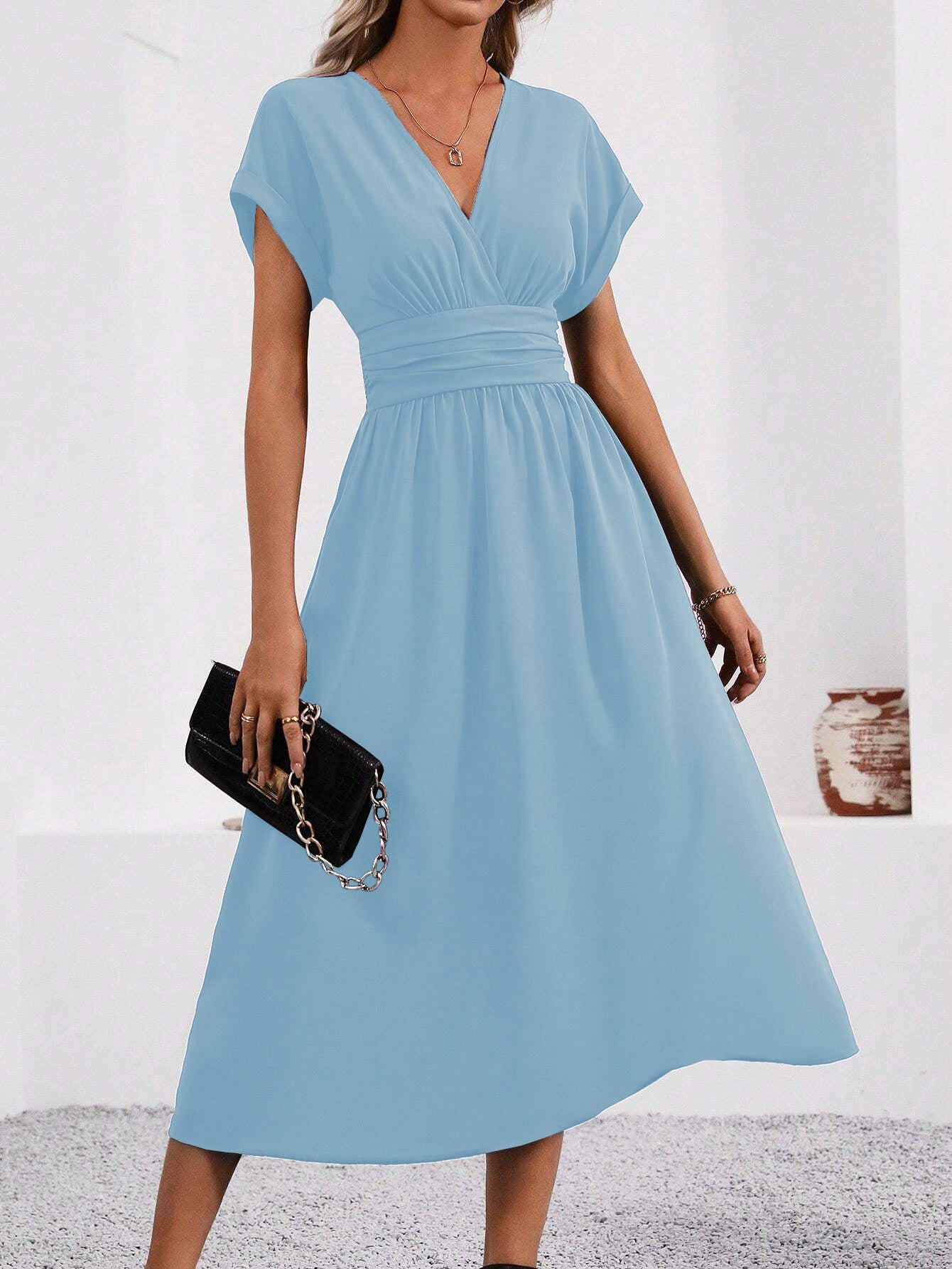 Overlapping V-neck Batwing Sleeve Waist Pleated Elegant Dress
