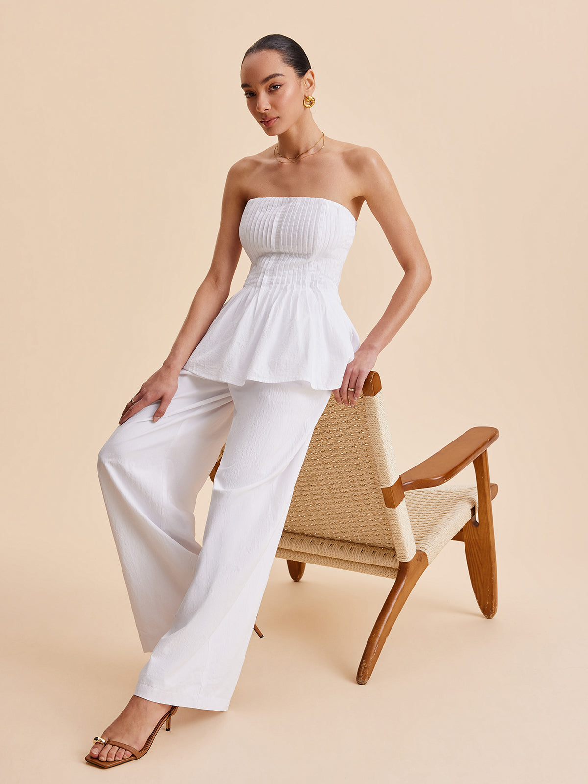 Cotton Pleated Strapless Peplum Top