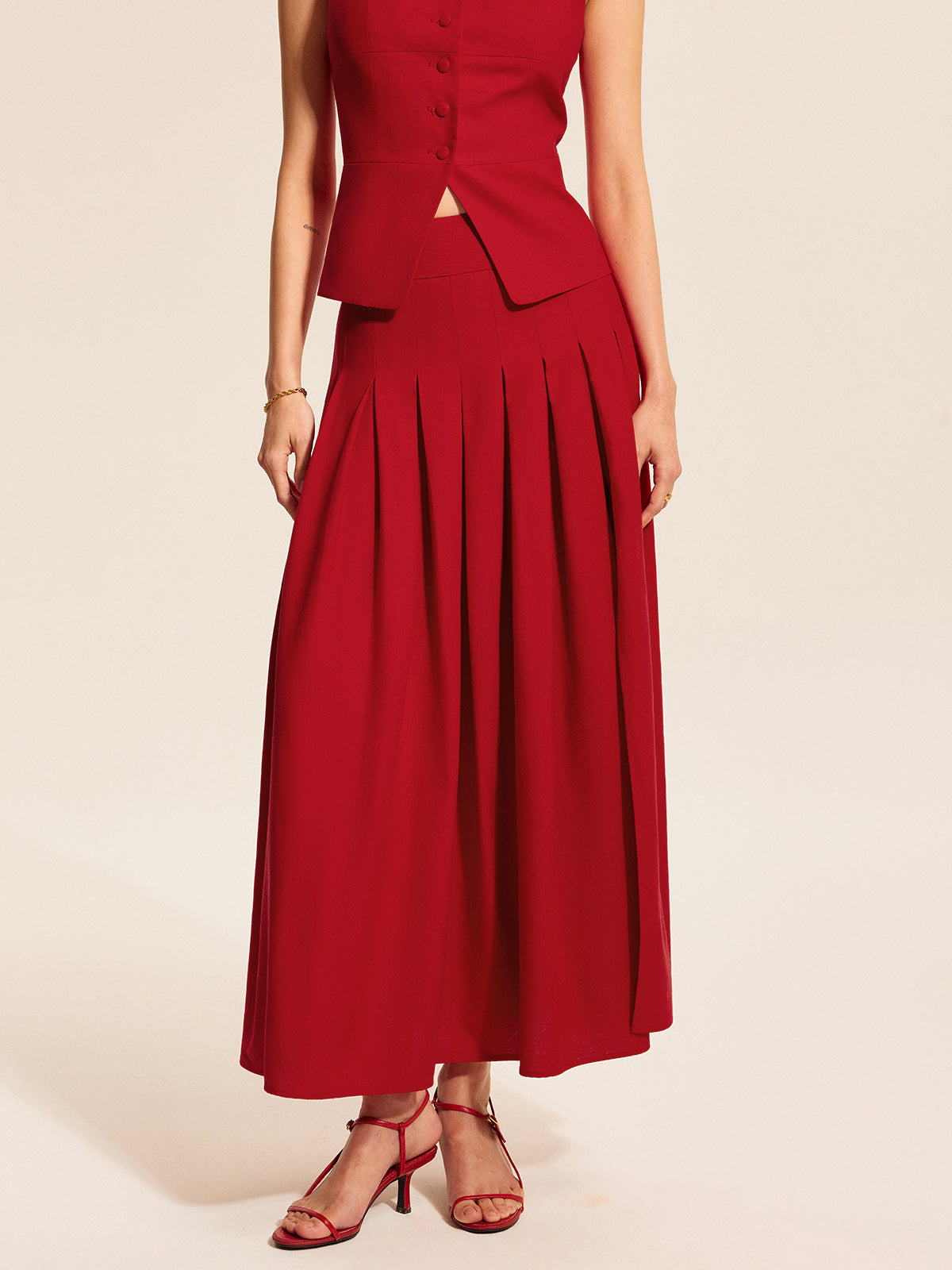 Cotton & Linen Pleated Slit Skirt