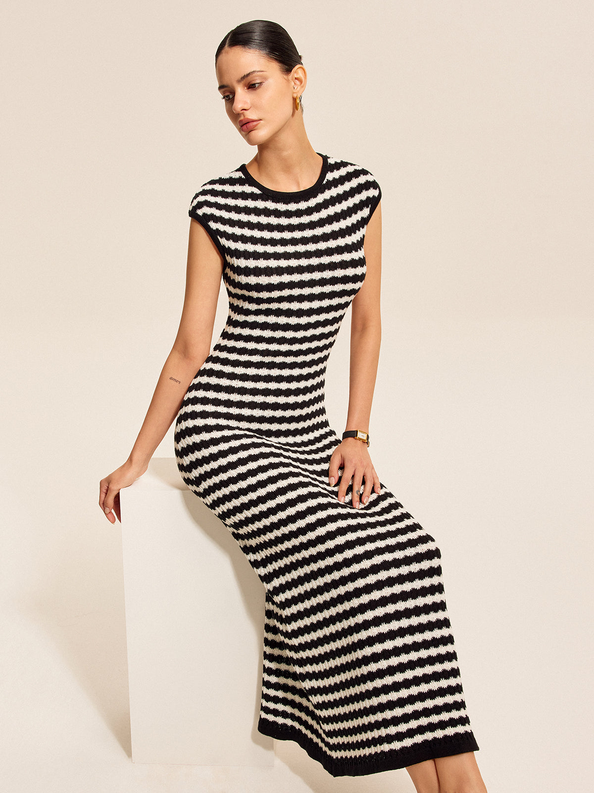 Striped Cap Sleeves Knit Dress