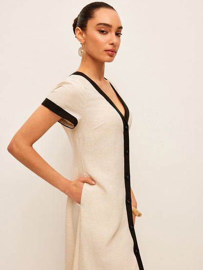 Cotton & Linen High-Slit Contrast Trim Dress