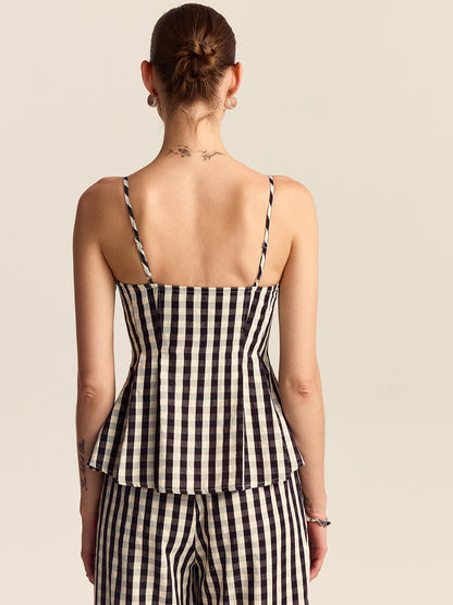 Gingham Spaghetti Strap Peplum Top with Lace Trim