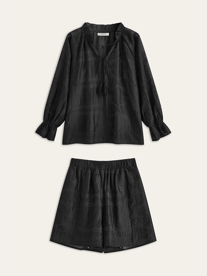 Embroidery Detail Long Sleeve Shorts Set