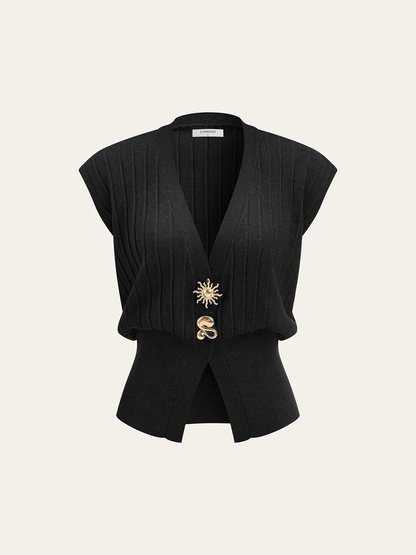 Metal Detail Cap Sleeve Ribbed Knit Vest