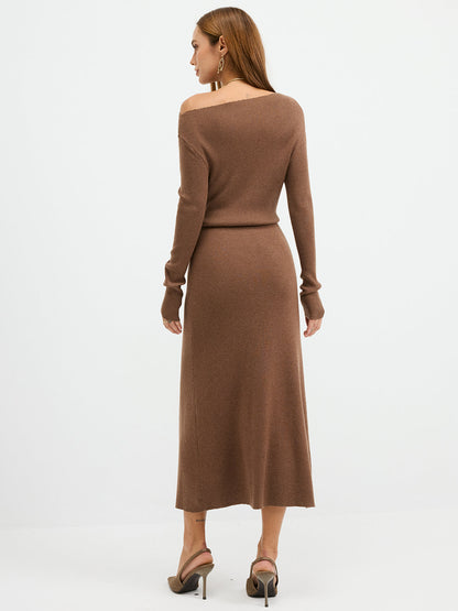 Off-Shoulder Ribbed Wool Blend Maxi Dress