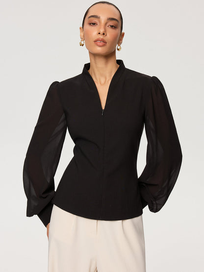 Zip Detail Chiffon Sleeves Blouse