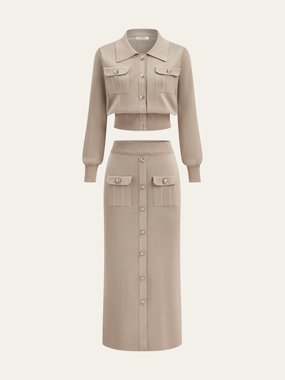 Metal Button Collared Cardigan and Midi Skirt Set