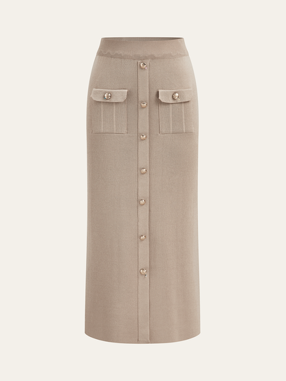Metal Button Collared Cardigan and Midi Skirt Set