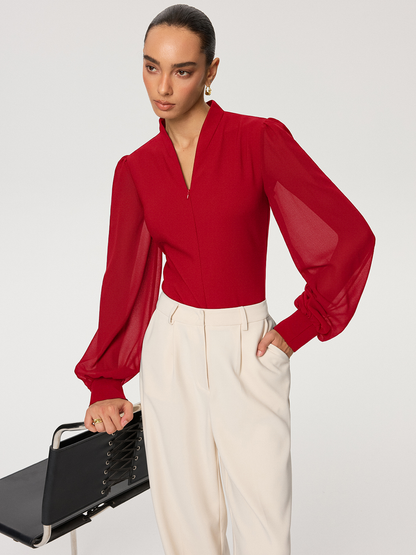 Zip Detail Chiffon Sleeves Blouse