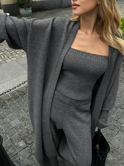 Three-Piece Knit Bustier Cardigan Pants Set