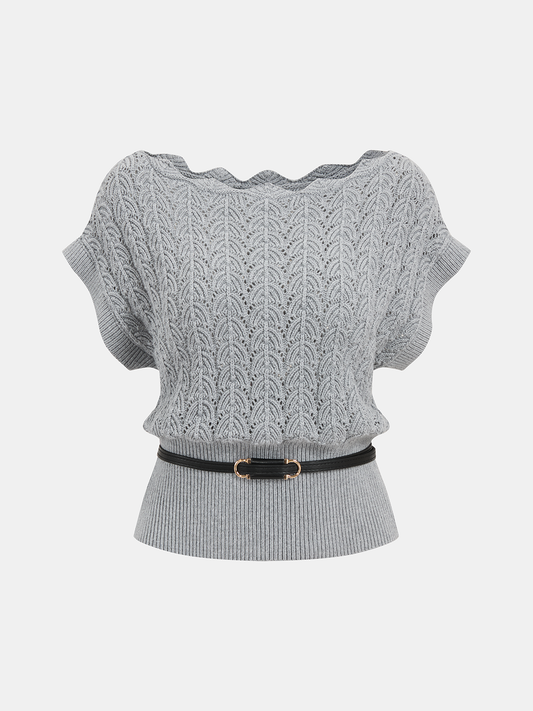 Scalloped Neck Belted Knit Top