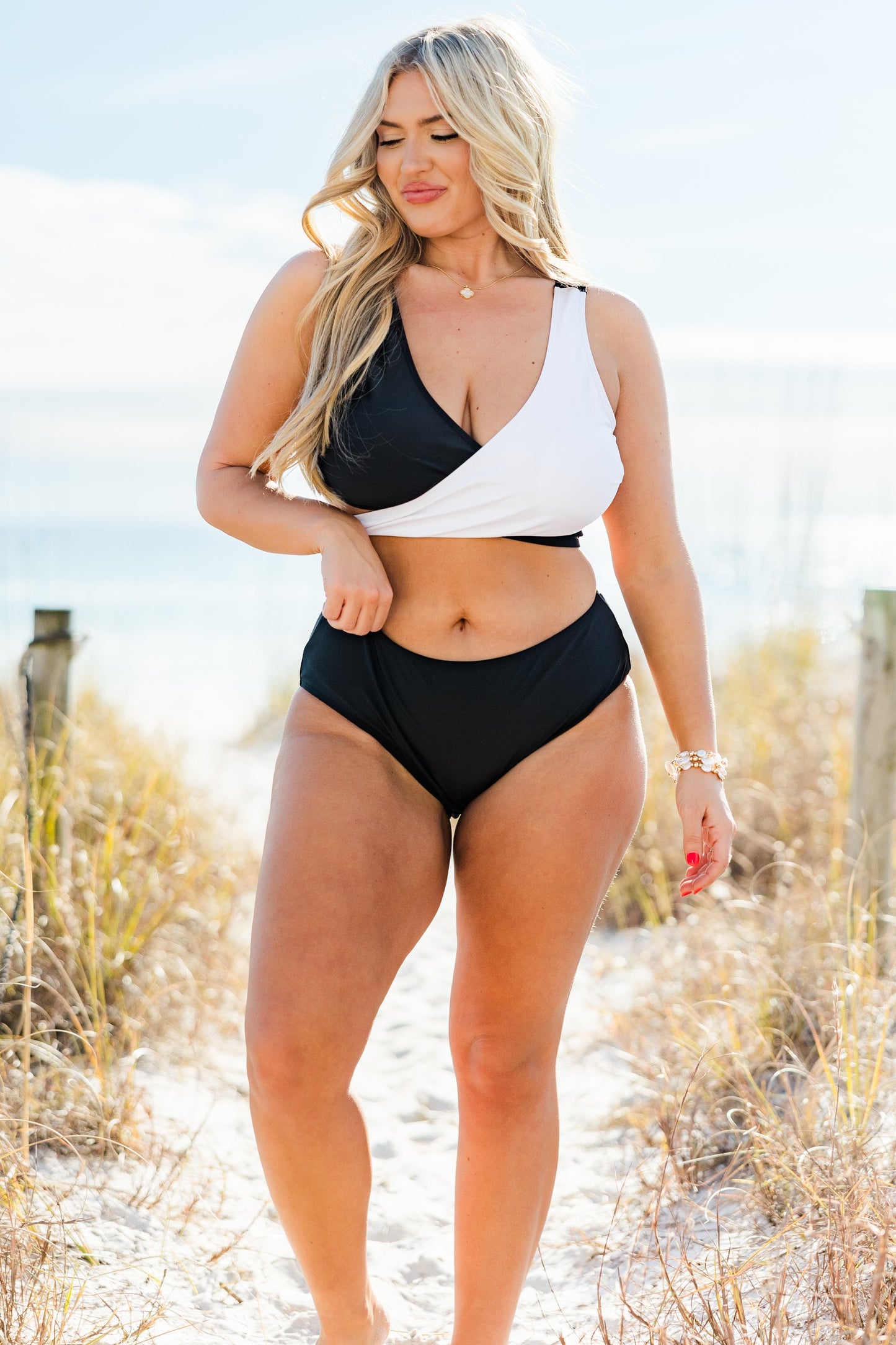 Catch Flights Swim Top, Black/White