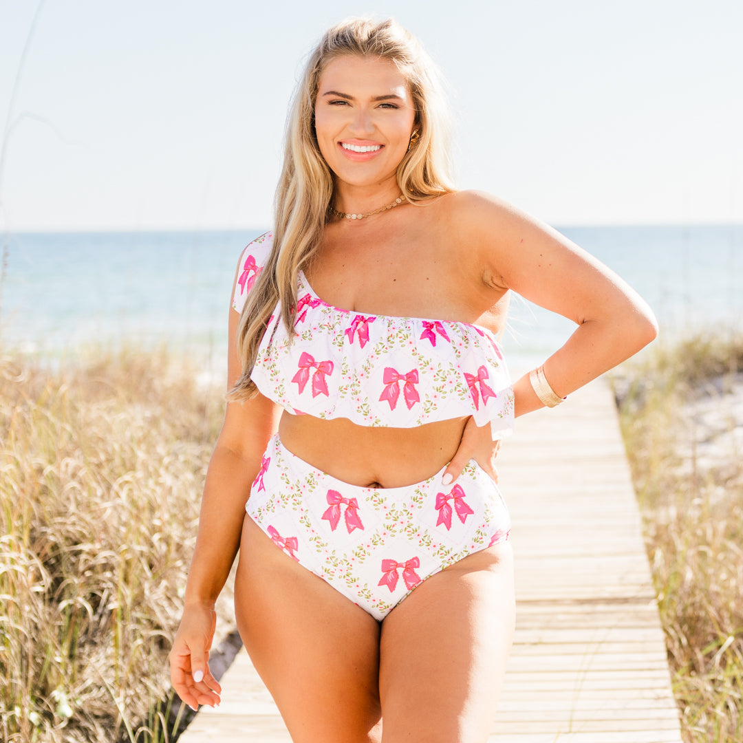 Let's Go Watch The Sunset Swim Bottom, Pink Bow