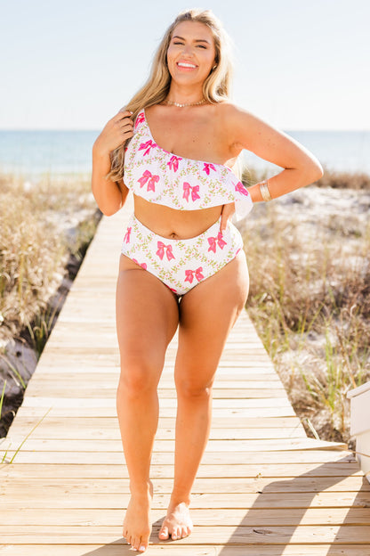 Let's Go Watch The Sunset Swim Top, Pink Bow