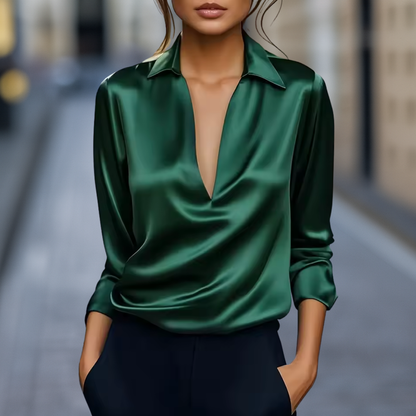 London Elegant Silky Satin Draped Deep V-Neck Collared Blouse