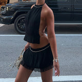 Summer Sexy Pearl Chain Halter Backless Top-Set