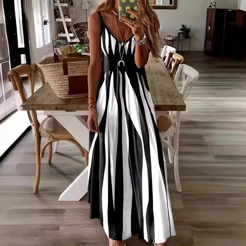 Florence Striped V-Neck Maxi Dress - Black