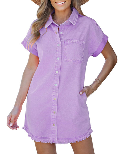 Frayed Hem Denim Shirt Dress