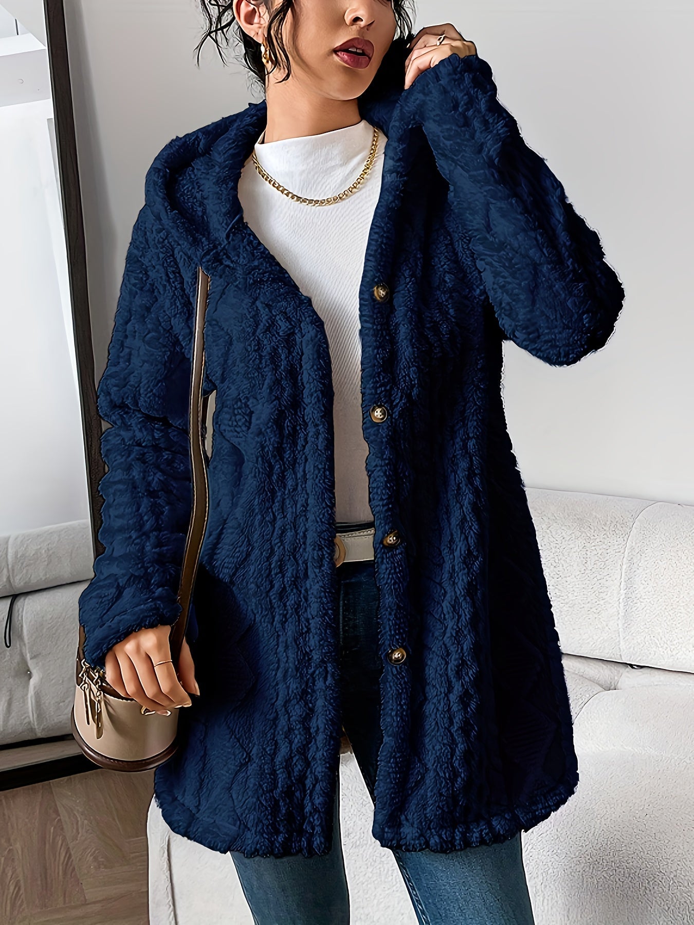 Fuzzy Fleece Button Down Jacket Hooded Open Front Cardigan Sweater