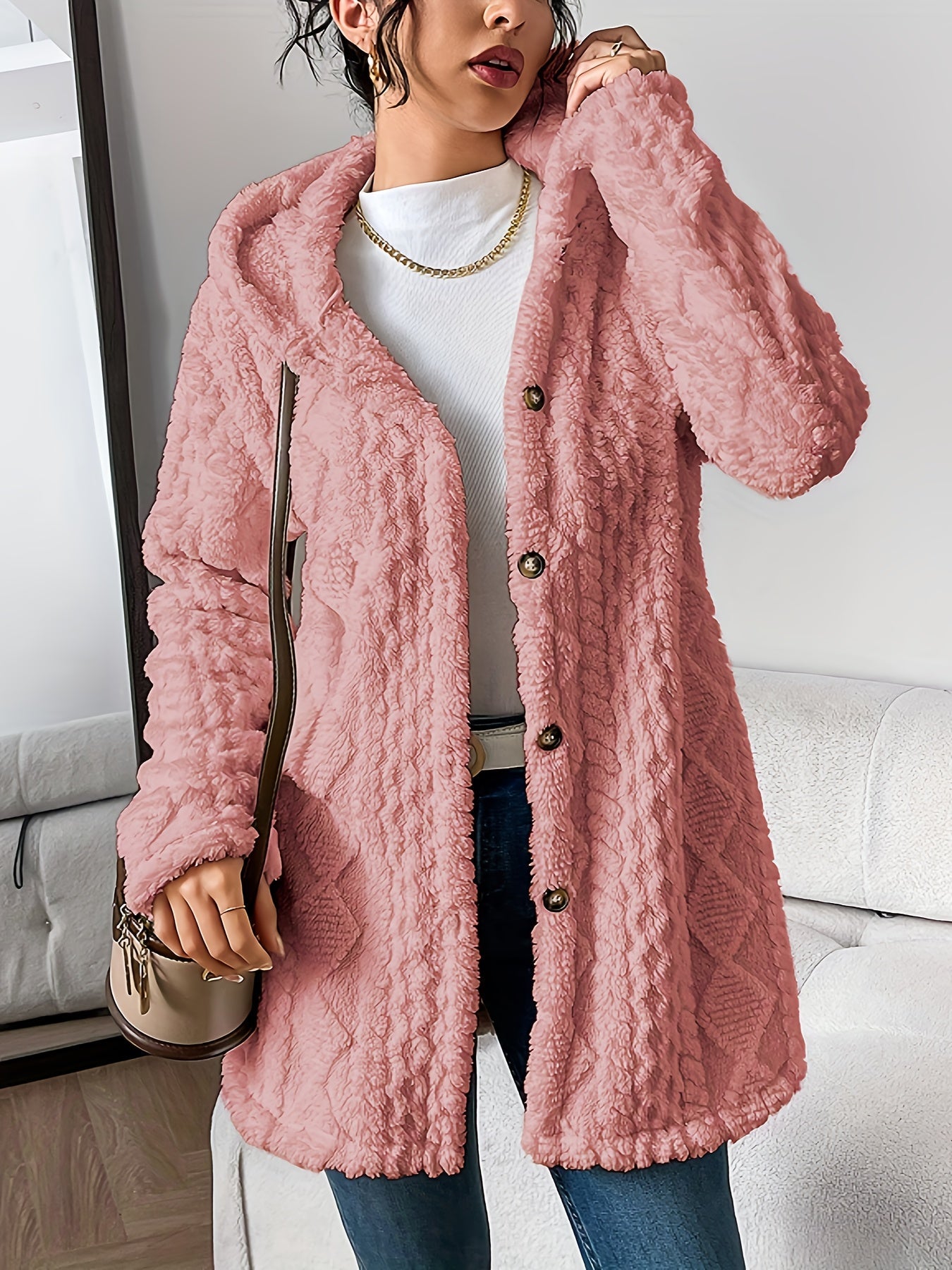 Fuzzy Fleece Button Down Jacket Hooded Open Front Cardigan Sweater