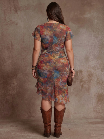 Judy | Bohemian Abstract V-Neck Pleated Midi Dress