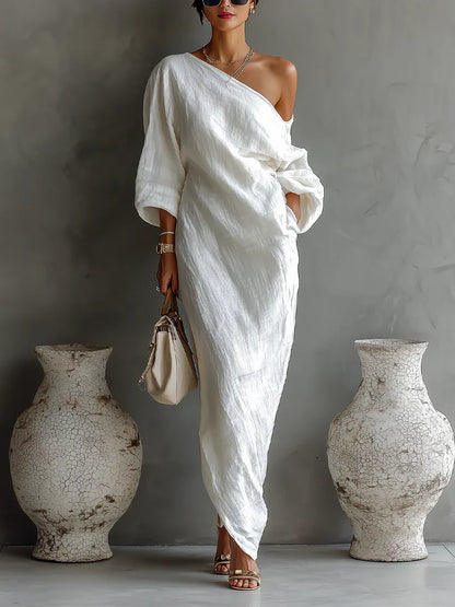 Women’s White One-Shoulder Flowing Maxi Dress