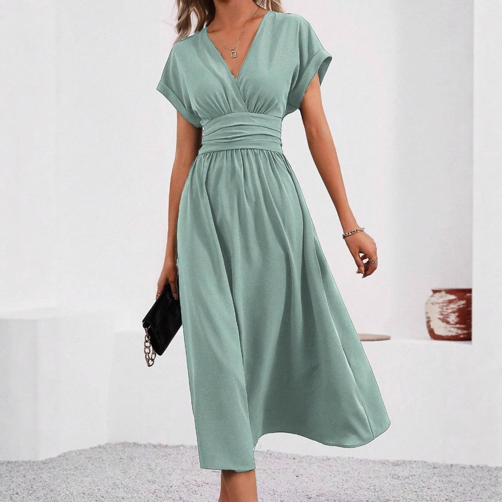 Overlapping V-neck Batwing Sleeve Waist Pleated Elegant Dress