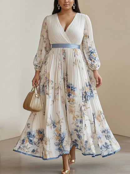 Amalia | White Floral Chiffon Balloon Sleeve Maxi Dress