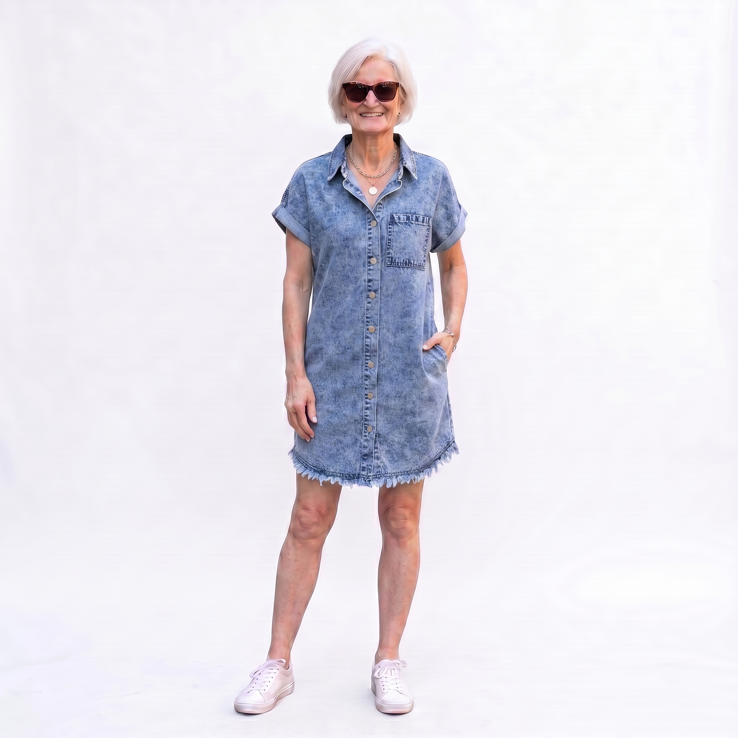 Frayed Hem Denim Shirt Dress
