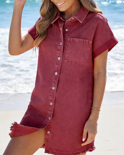 Frayed Hem Denim Shirt Dress