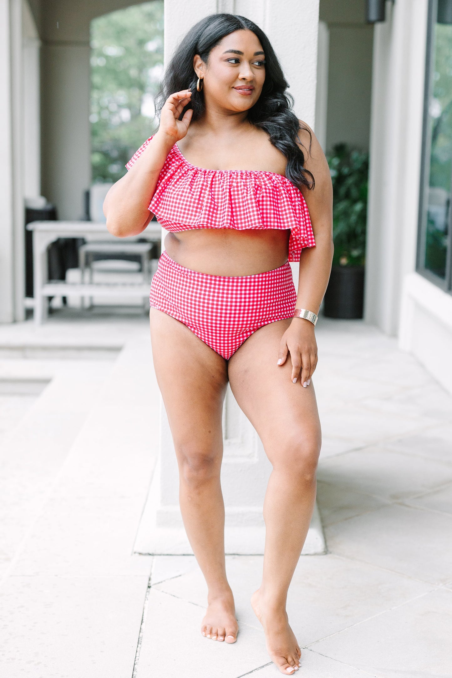 Let's Go Watch The Sunset Swim Top, Red Gingham
