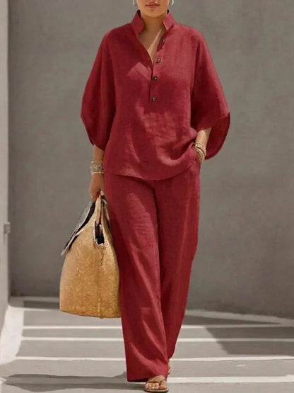 Maribel - Complete linen set with batwing sleeves and wide pants