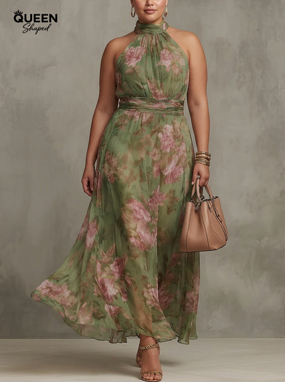 Florence | Green Floral Chiffon Halter Maxi Dress