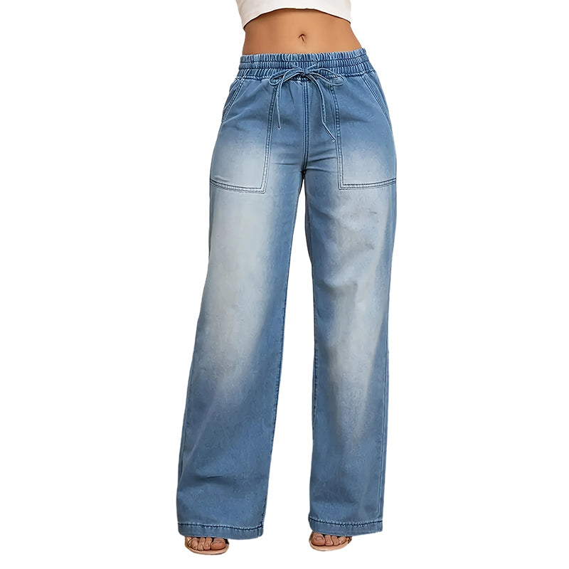 Drawstring Wide-Leg Denim Jeans