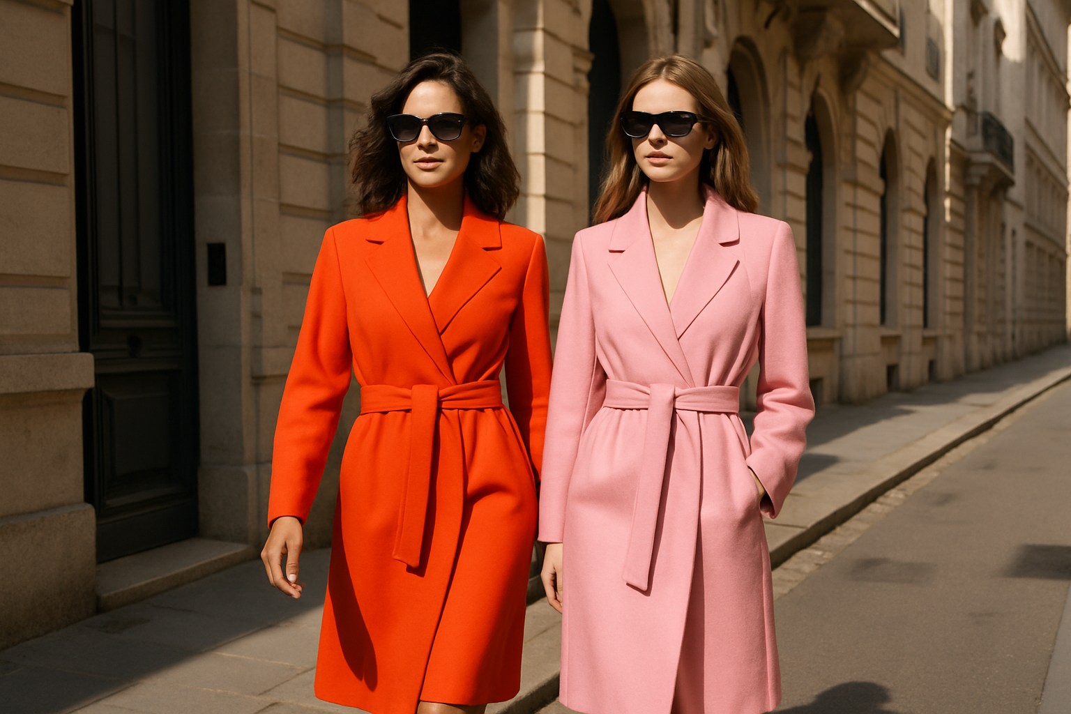 “Two fashionable women walking side by side in a sunlit European city street, wearing bold belted coats—one in vivid orange, the other in soft pink. Sunglasses and confident expressions. Elegant architectural background with soft shadows, full-body editorial composition, fashion magazine feel